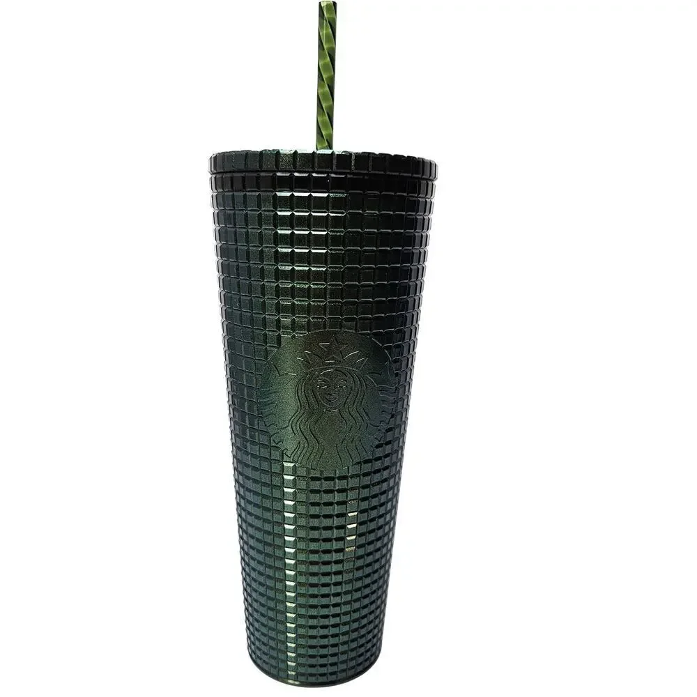 Starbucks 2021 Deep Green Disco Grid 24oz‎ Tumber Venti Straw